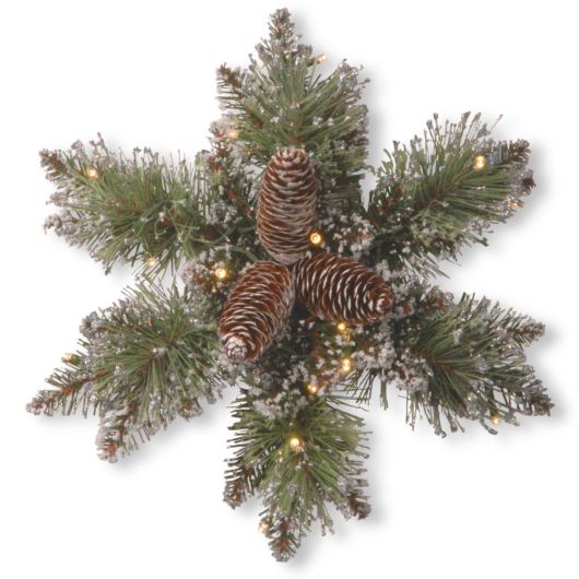 Pre-Lit Glittery Bristle Pine Wreath With 15 LEDs - 30cm