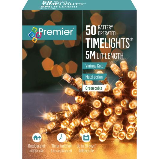 Premier TimeLights Battery Operated 50 LED 5m - Vintage Gold