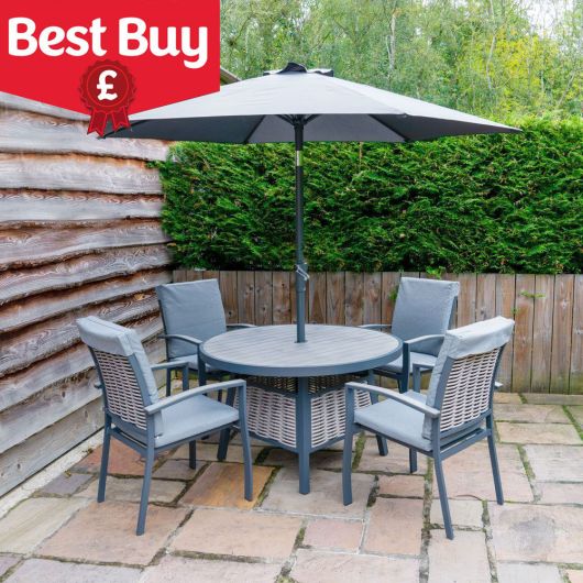 LG Outdoor Thornton 4 Seat Round Dining Set With Parasol